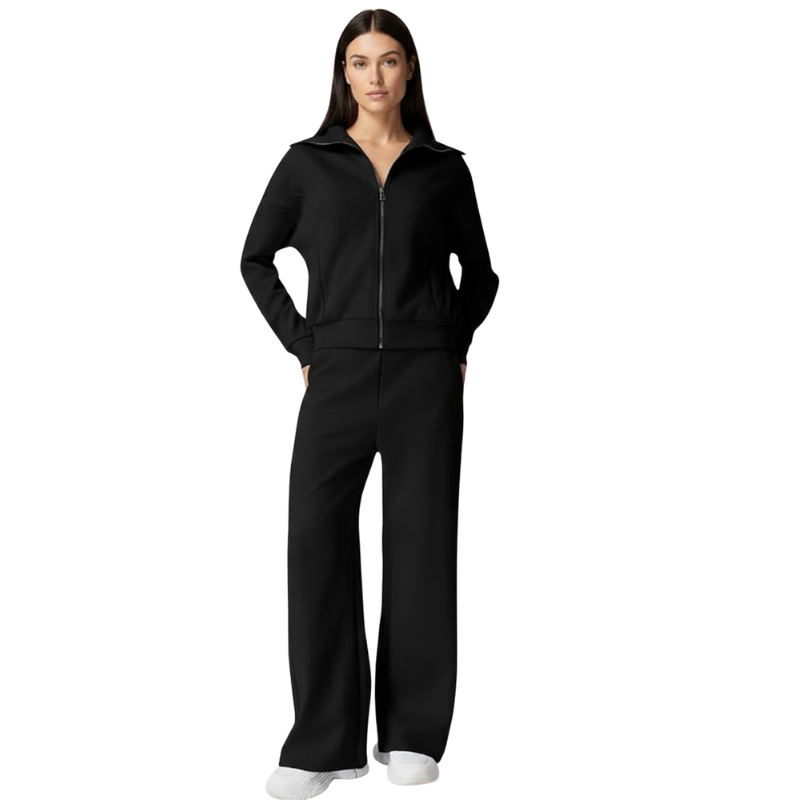 Womens Cotton 2 Piece Outfits Lapel Long Sleeve Zip Up SweatshirtTwo Piece Tracksuit With Zip Up Sweatshirt And Wide Pants For Women - Image 2