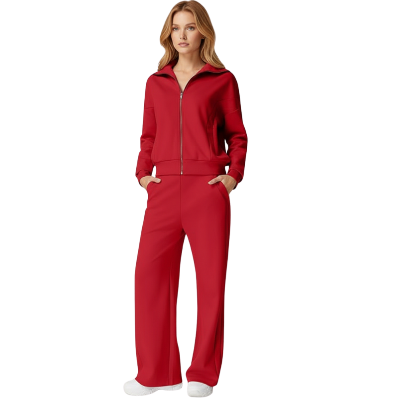 Womens Cotton 2 Piece Outfits Lapel Long Sleeve Zip Up SweatshirtTwo Piece Tracksuit With Zip Up Sweatshirt And Wide Pants For Women - Image 16