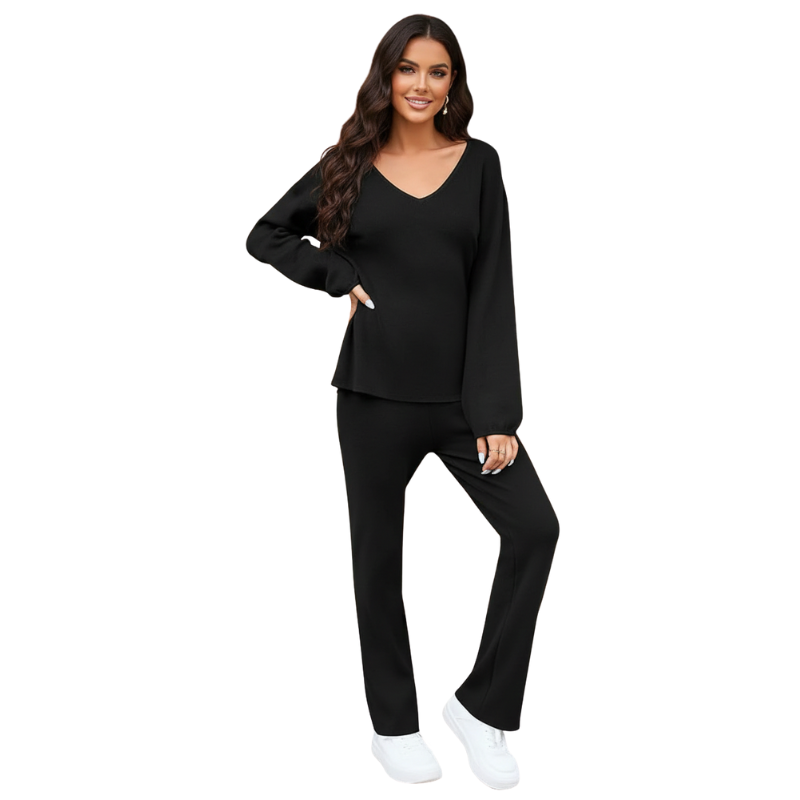 Women 2 Piece Outfits Casual V Neck Knit Wide Leg Sweater Lounge Set