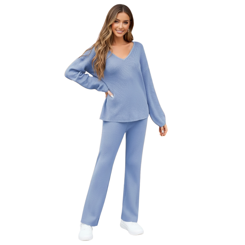 Women 2 Piece Outfits Casual V Neck Knit Wide Leg Sweater Lounge Set