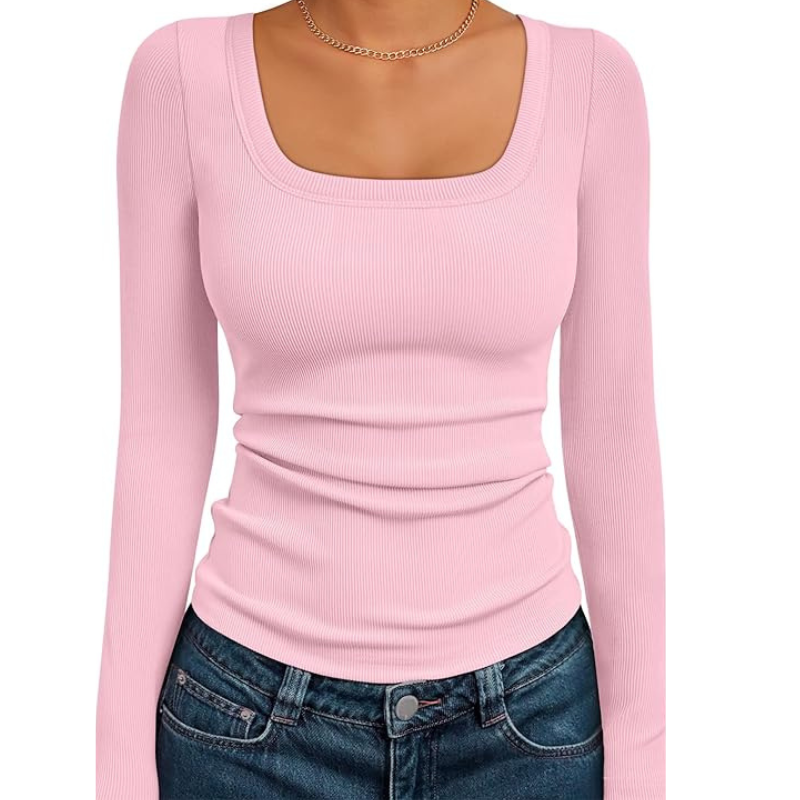 Womens Ribbed Square Neck Top Long Sleeve Slim Fit Basic Shirt For Fall Winter Spring Casual Crop Tee