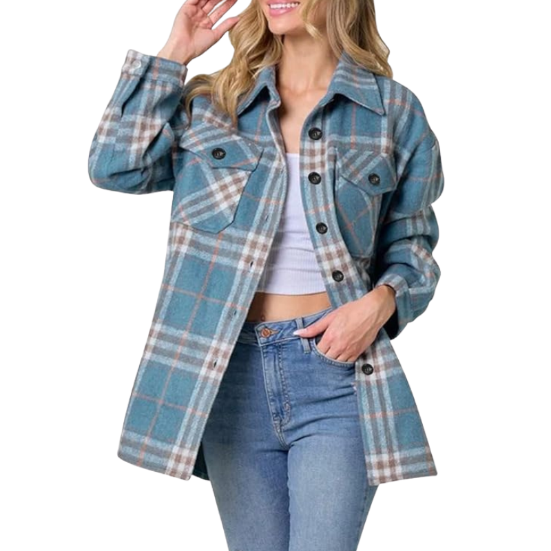 Plaid Flannel Shacket With Long Sleeve Button Down Style For Women