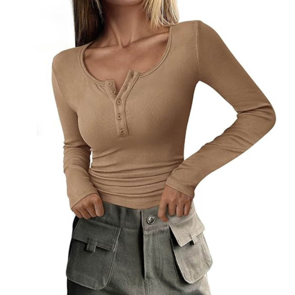 Long Sleeve Button Top With Ribbed Design For Women