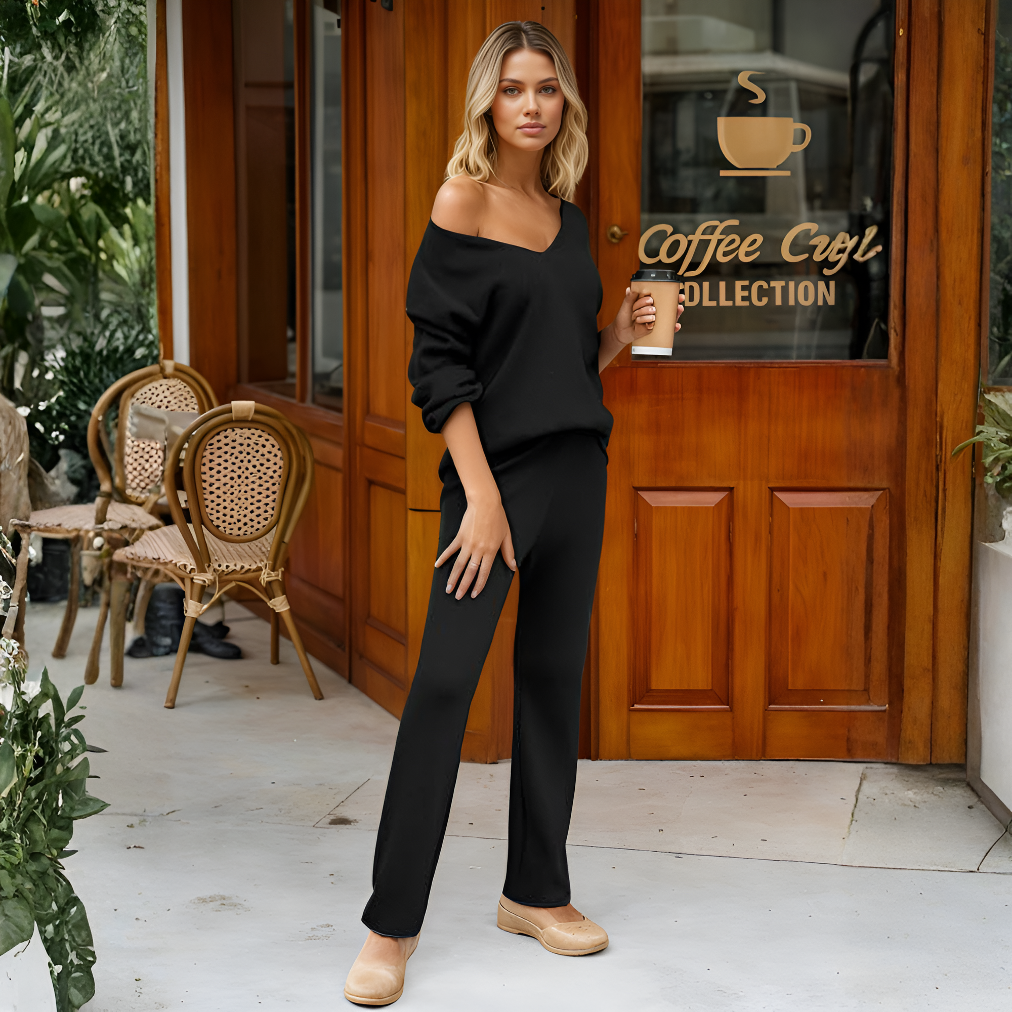 Two Piece Casual Knit Lounge Set With Sweater Top And Pants For Women