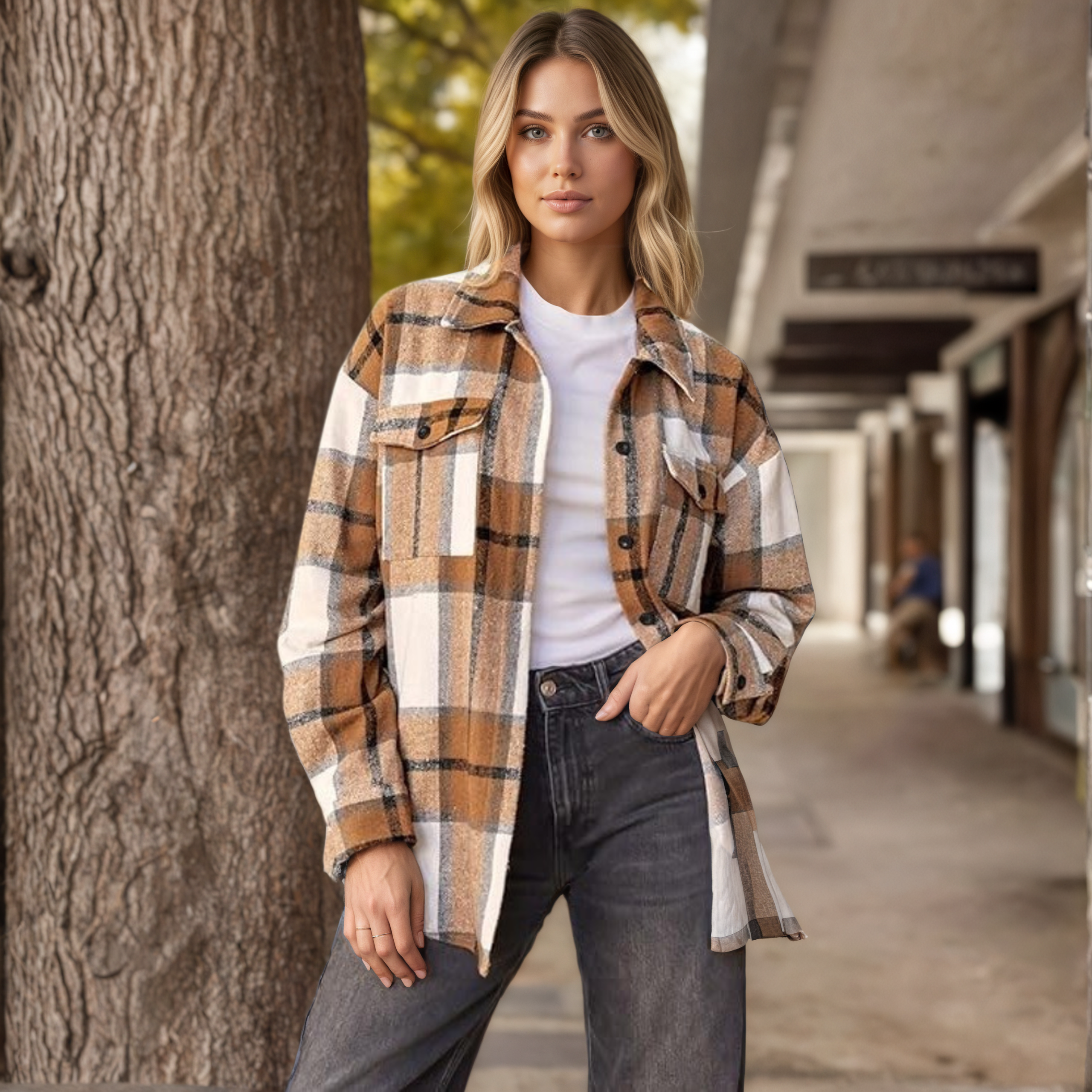 Plaid Flannel Shacket With Long Sleeve Button Down Style For Women