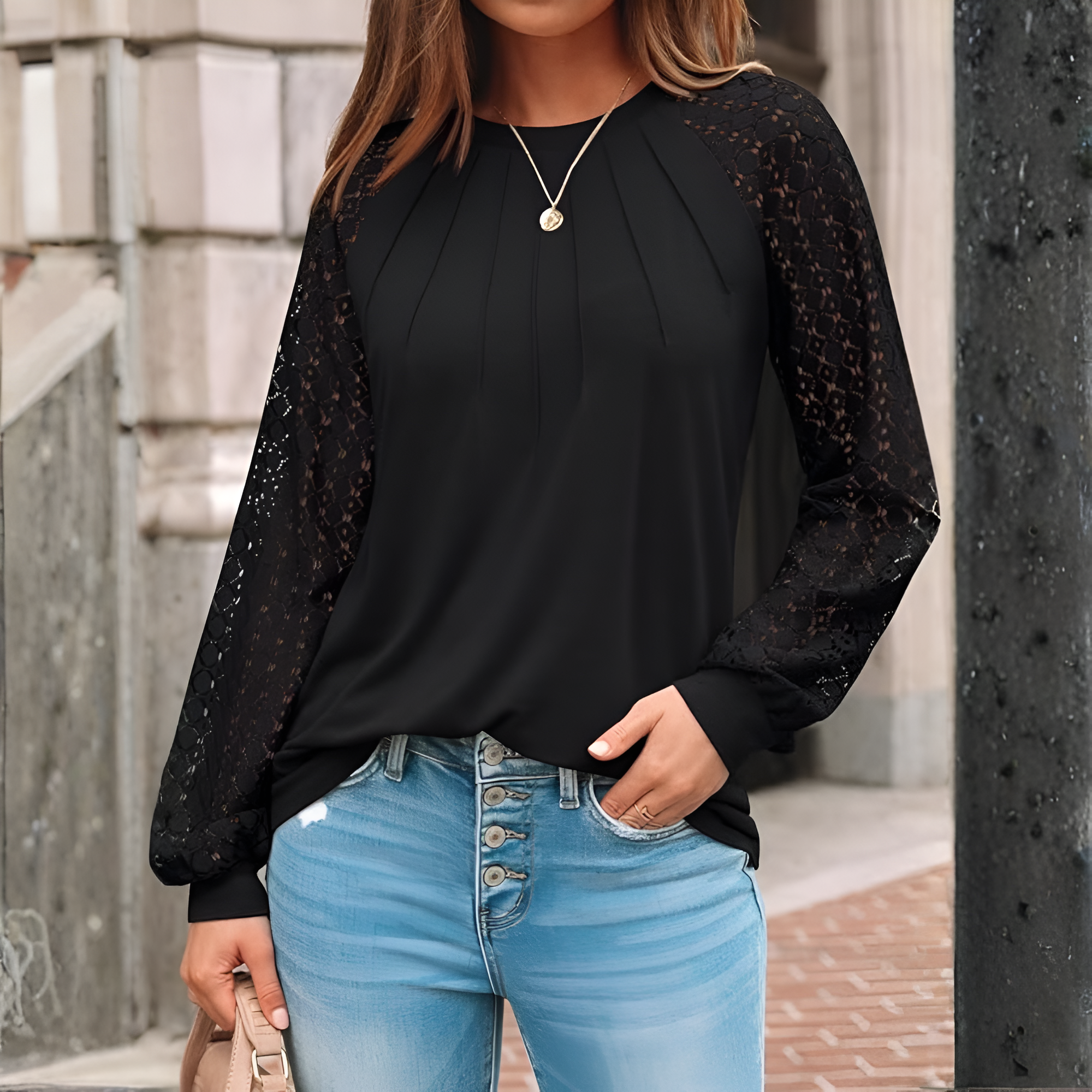 Long Sleeve Tops With Pleated Front And Lace Detail For WomenLong Sleeve Tops With Pleated Front And Lace Detail For Women - Image 25