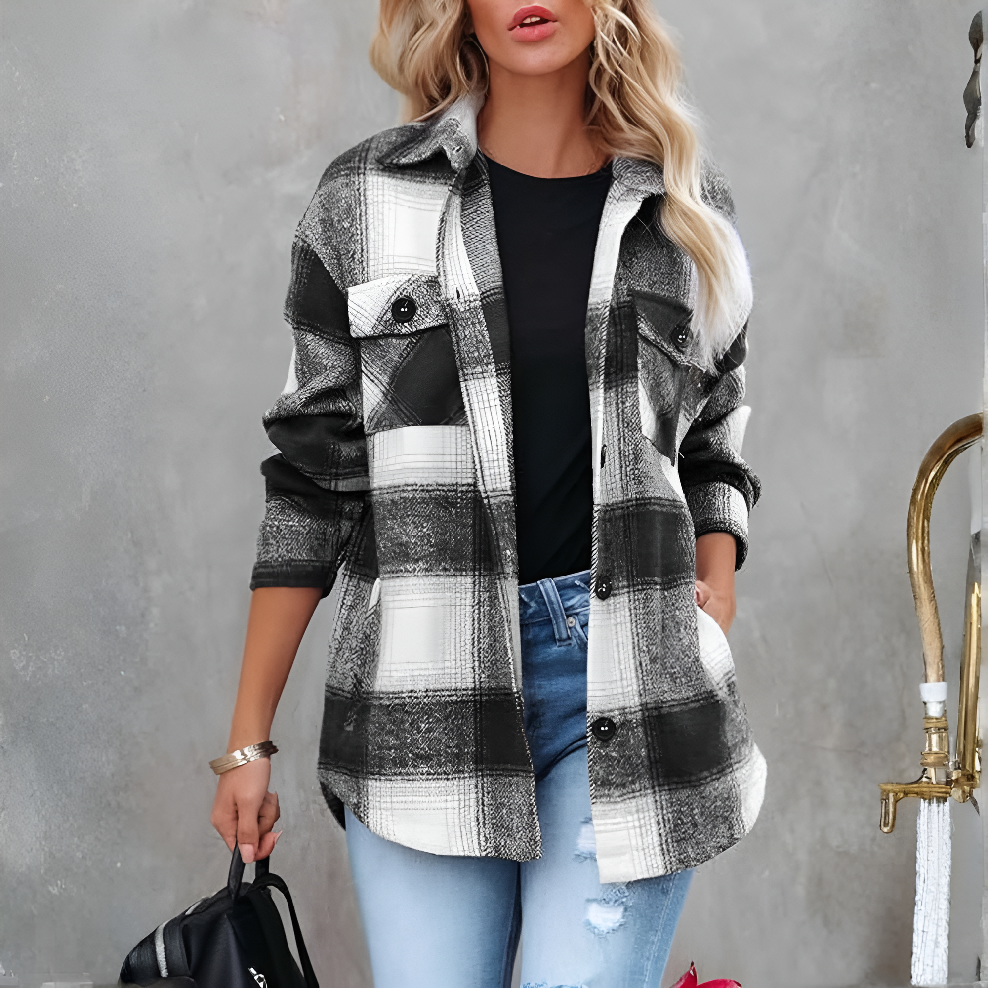 Plaid Design Oversized Long Sleeve Flannel Shacket For Women