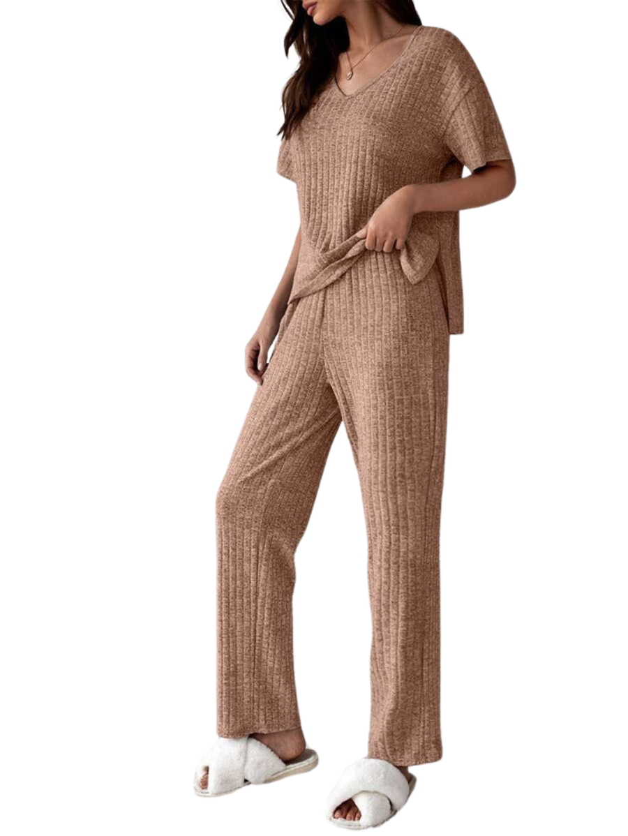 Drop Shoulder Split High Low Hem Lounge Set-Cozy Knit Sets