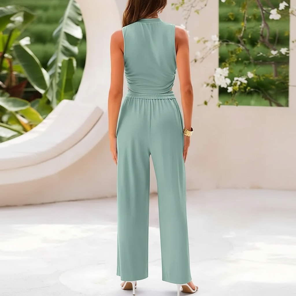 2 Piece Ribbed Design Matching Set With Cropped Top And Pants