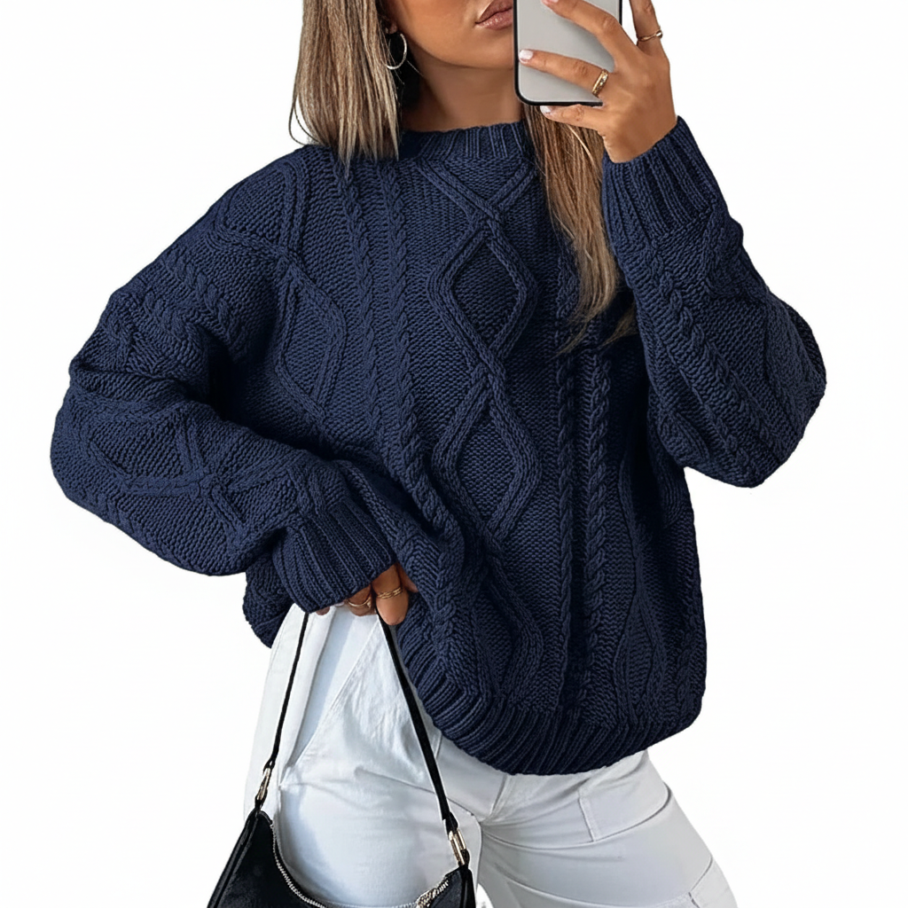 Oversized Cable Knit Sweater Crewneck Cozy Fall Pullover Top For Women