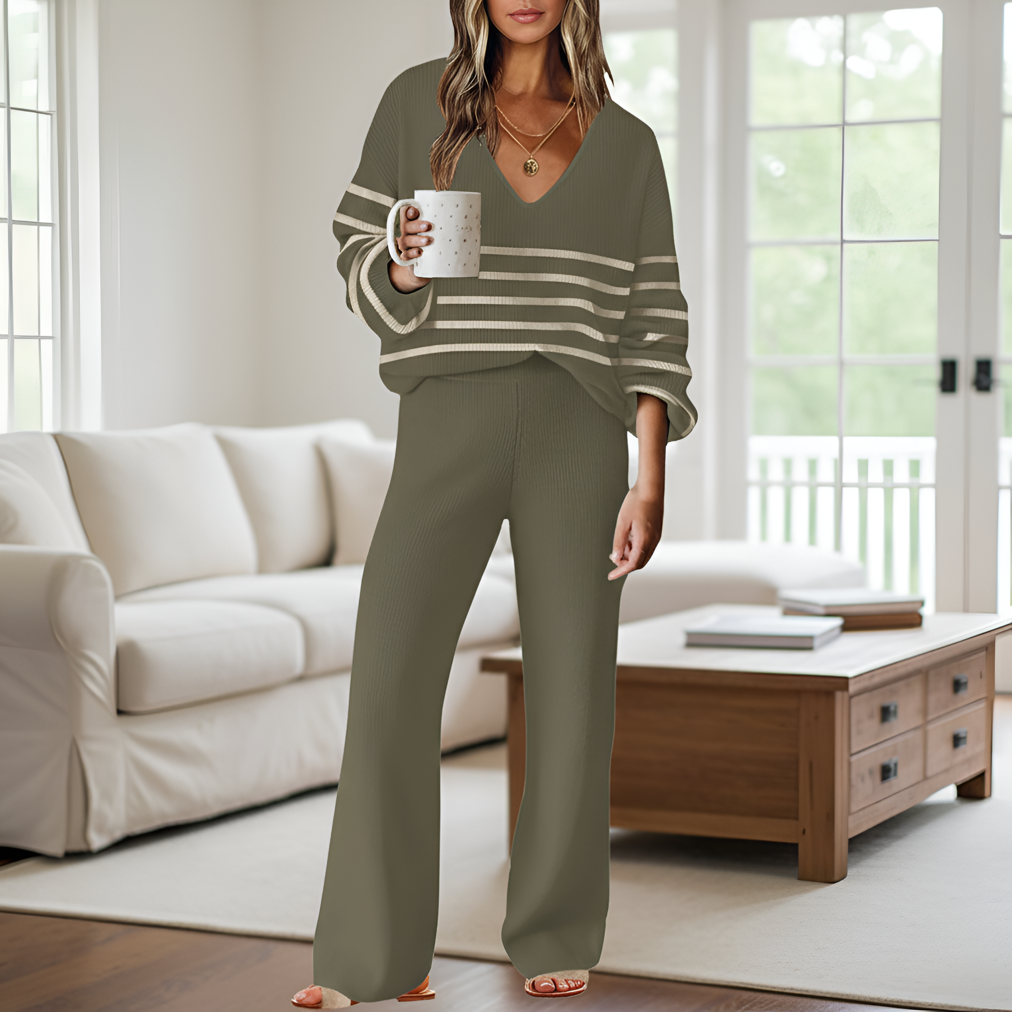 Two Piece Lounge Sets For Women With Knit Sweater Top And And Matching Pants