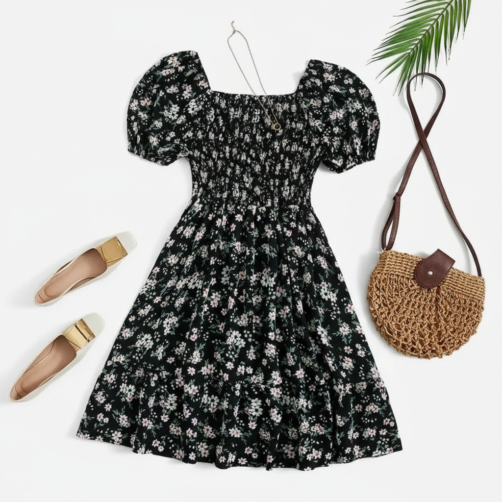 Ditsy Floral Shirred A Line Ruffle Hem Dress For Plus Size Women