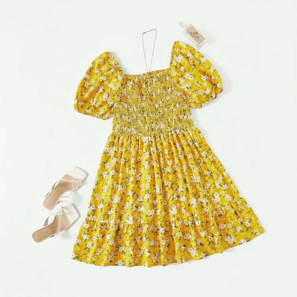 Ditsy Floral Shirred A Line Ruffle Hem Dress For Plus Size Women