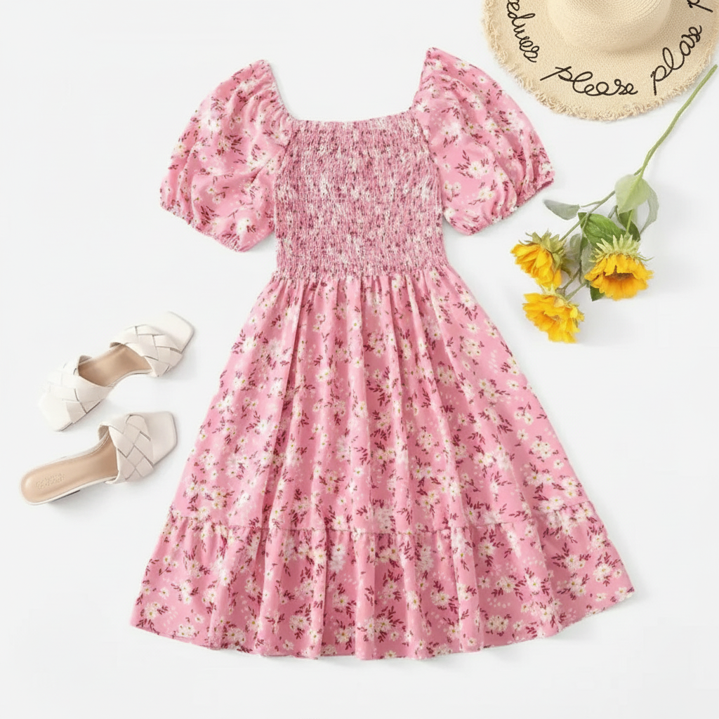 Ditsy Floral Shirred A Line Ruffle Hem Dress For Plus Size Women