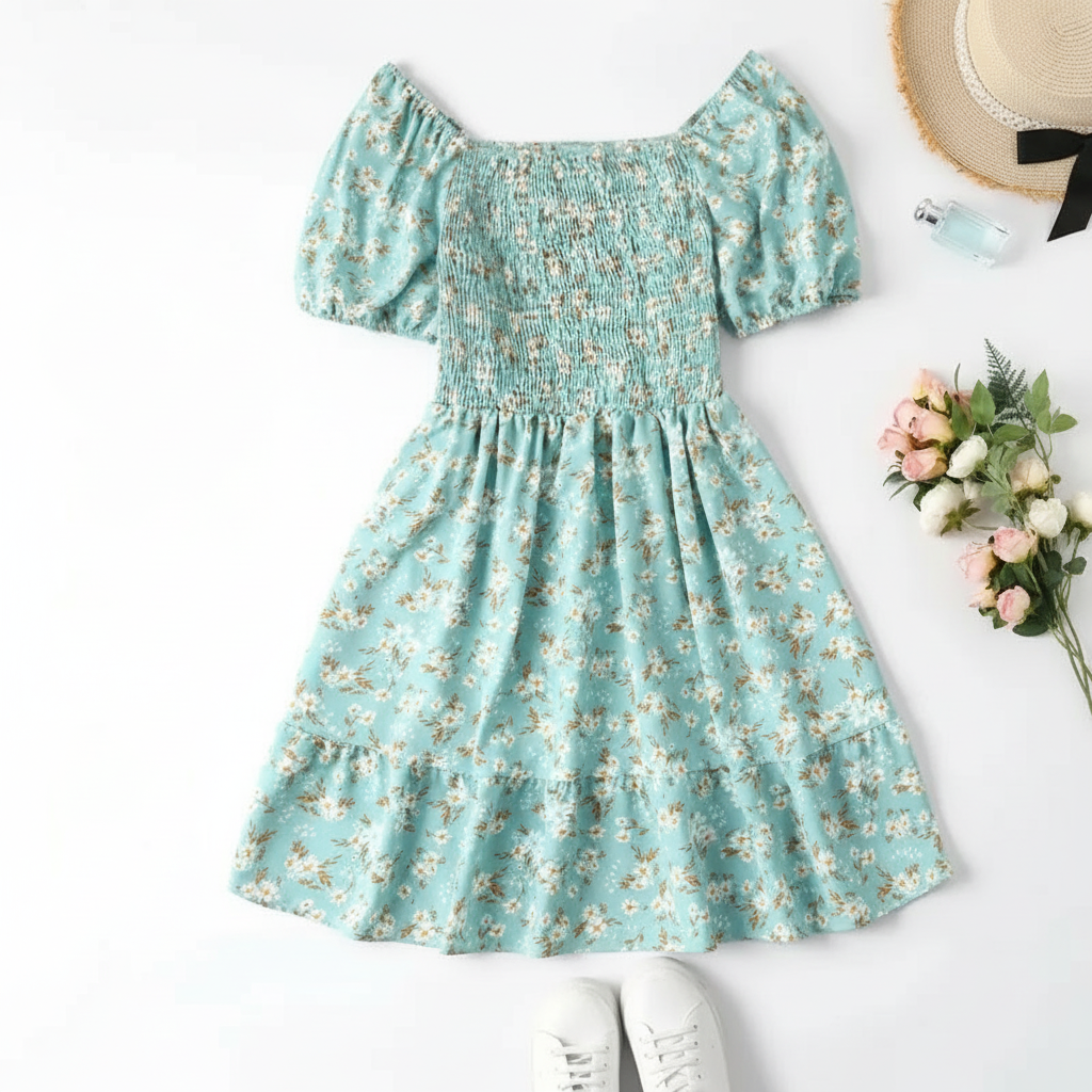 Ditsy Floral Shirred A Line Ruffle Hem Dress For Plus Size Women