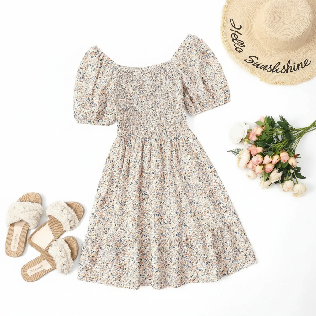 Ditsy Floral Shirred A Line Ruffle Hem Dress For Plus Size Women