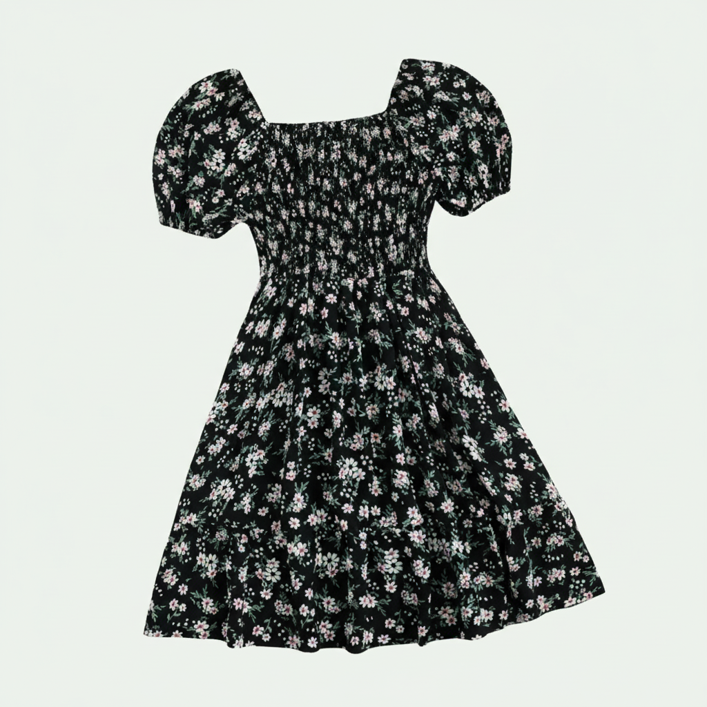 Plus Size Ditsy Floral Shirred A Line Ruffle Hem Dress For Women