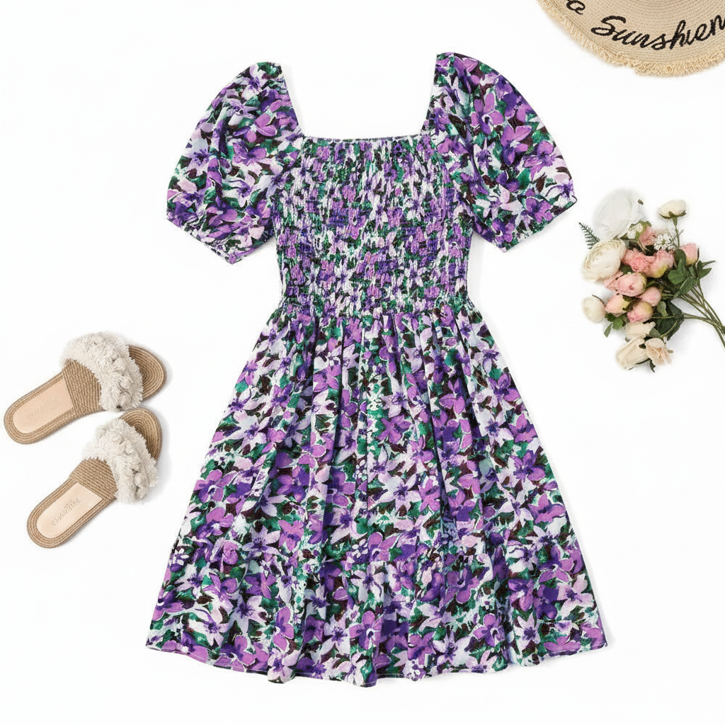 Ditsy Floral Shirred A Line Ruffle Hem Dress For Plus Size Women