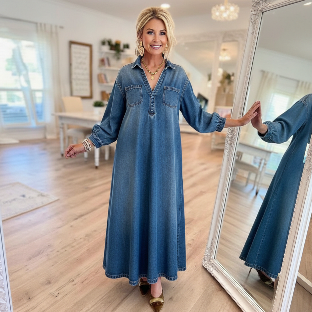 Long Sleeve Denim Maxi Dress For WomenLong Sleeve Denim Maxi Dress For Women - Image 3