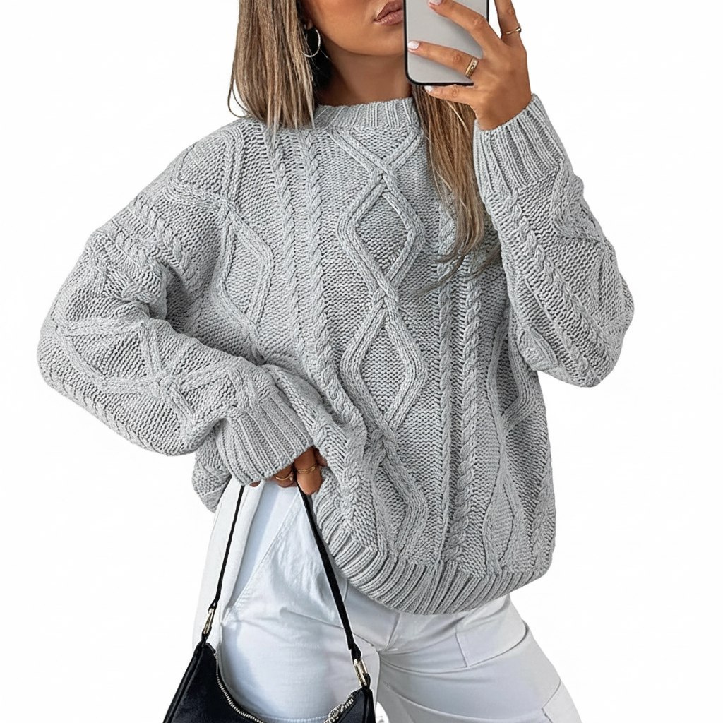 Oversized Cable Knit Sweater Crewneck Cozy Fall Pullover Top For Women