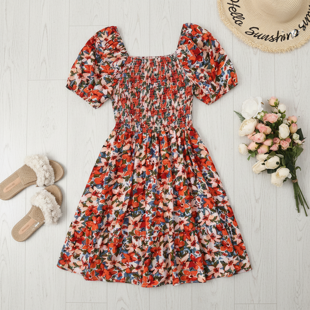 Ditsy Floral Shirred A Line Ruffle Hem Dress For Plus Size Women