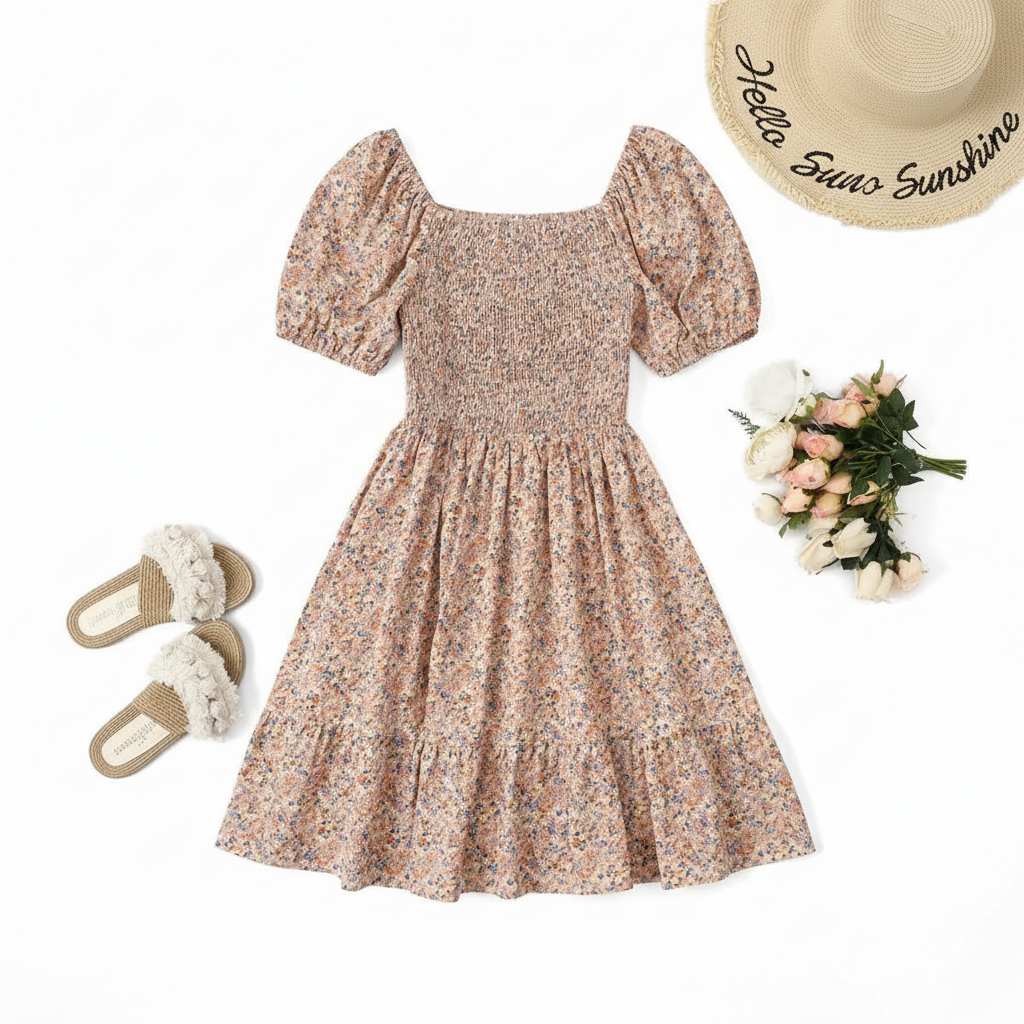 Ditsy Floral Shirred A Line Ruffle Hem Dress For Plus Size Women