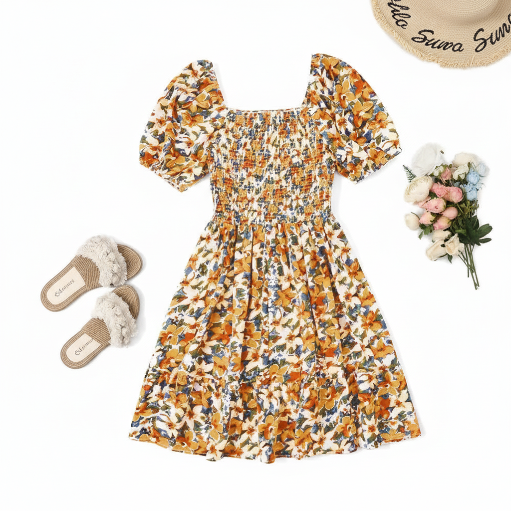 Ditsy Floral Shirred A Line Ruffle Hem Dress For Plus Size Women