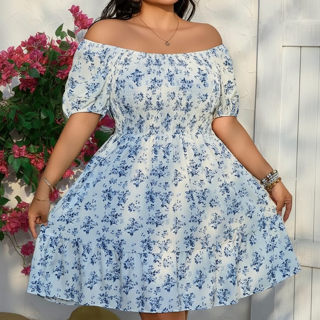 Ditsy Floral Shirred A Line Ruffle Hem Dress For Plus Size Women