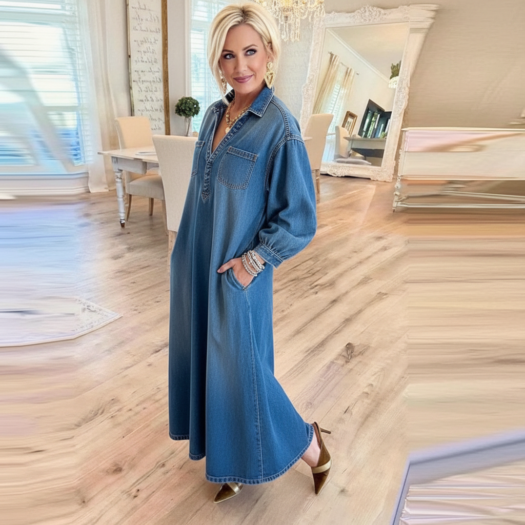 Long Sleeve Denim Maxi Dress For WomenLong Sleeve Denim Maxi Dress For Women - Image 4