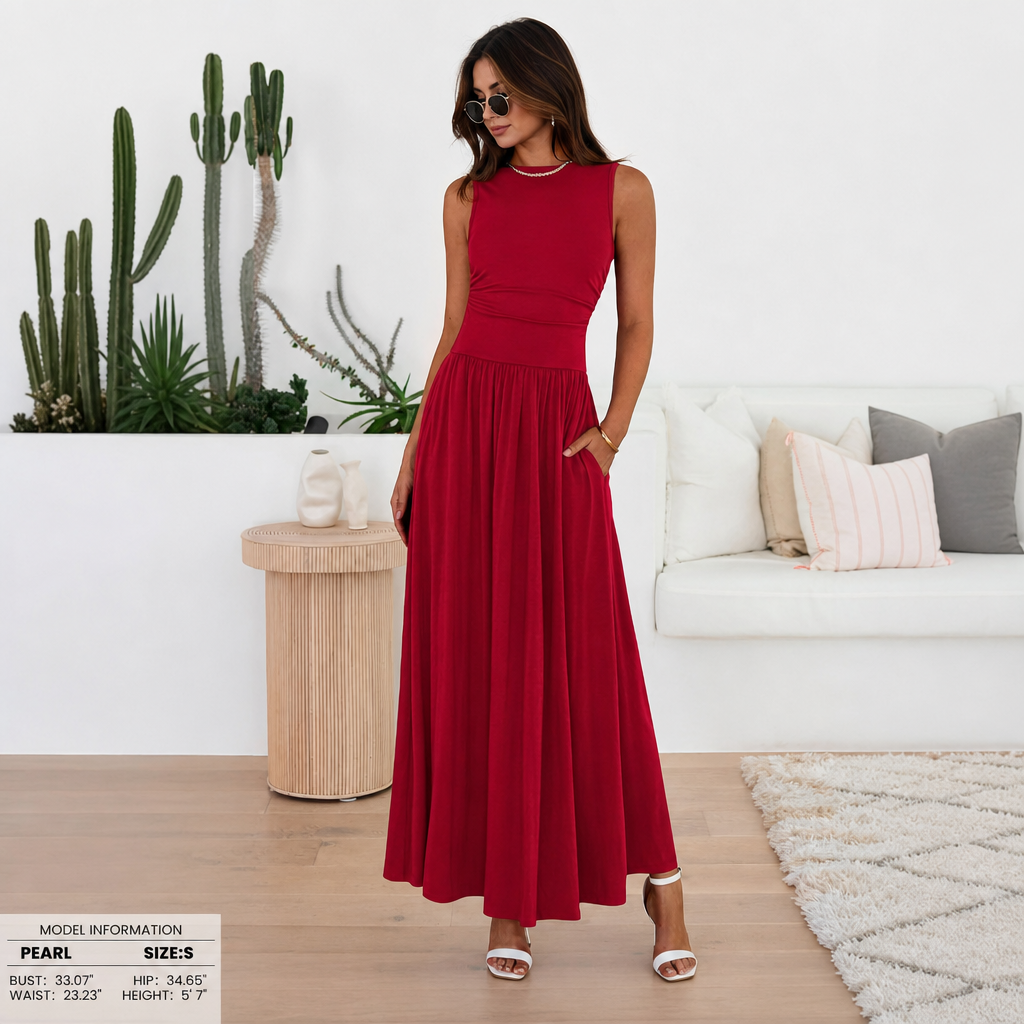 Casual Sleeveless Ruched High Rise Long Dress For Women