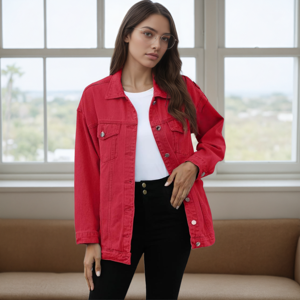 Women’s Oversized Mid Long Denim Jacket Casual Jean Biker Coat