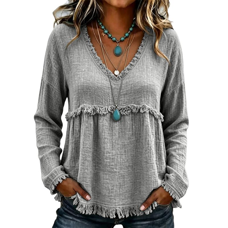 Boho Textured Fringe Babydoll Tunic Top with Loose Fit for Women
