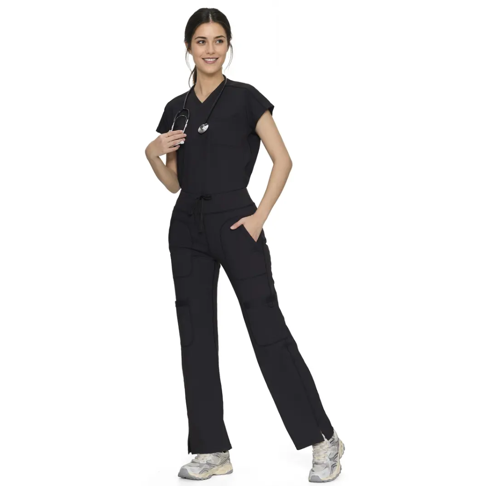 Workwear Yoga Scrub Set With Batwing Top And Straight Pants For Women
