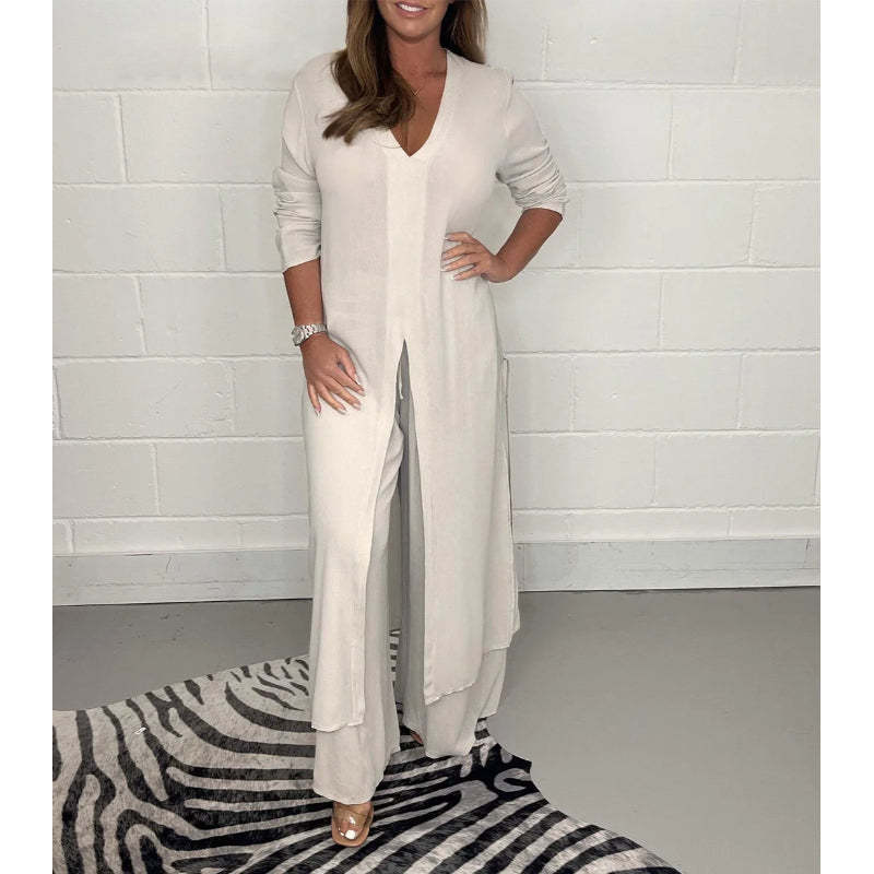 2 Pieces Casual Suit With Long Top And Trouser-Cozy Knit Sets