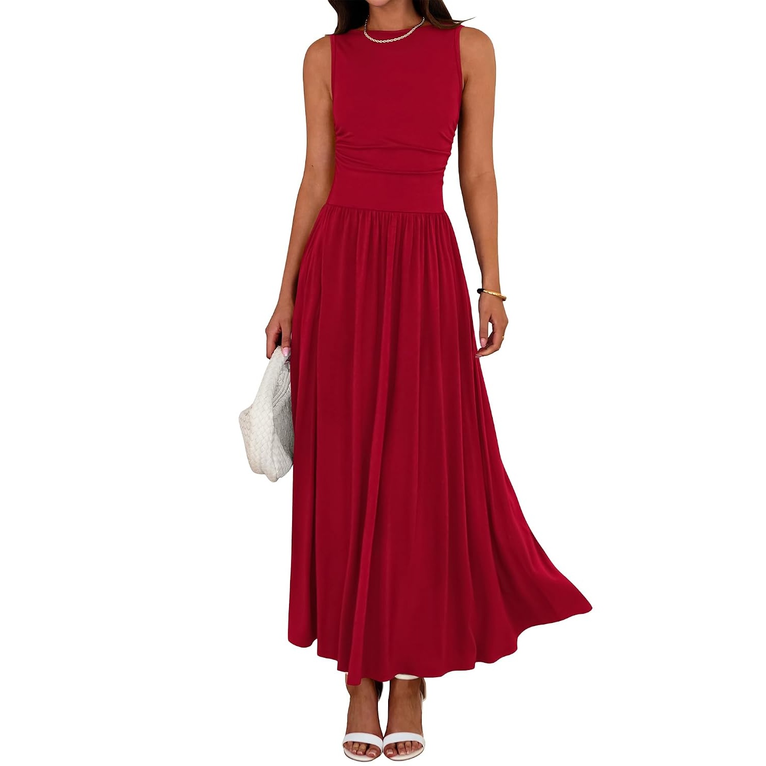 Casual Sleeveless Ruched High Rise Long Dress For Women