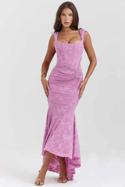 Floral Embroidered Lace Ruched Maxi Dress-Cozy Knit Sets