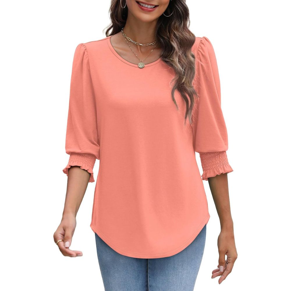 Dressy Casual 3/4 Length Sleeve Women's Tops with Smocked CuffsDressy Casual Tunic Top With Smocked Sleeve Cuffs And Curved Hem For Women - Image 13