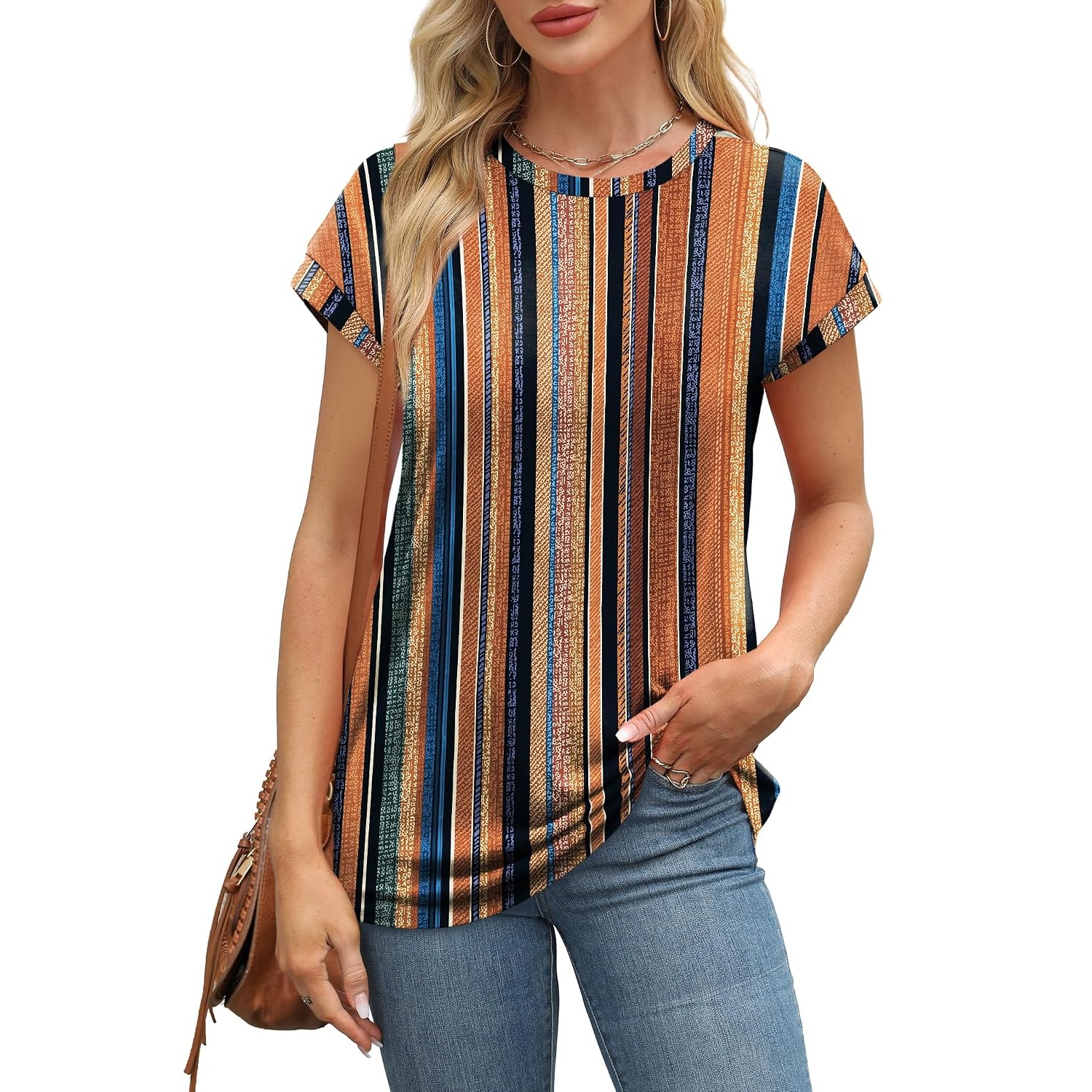 Summer Short Sleeve Crew Tunic T Shirts  For Women