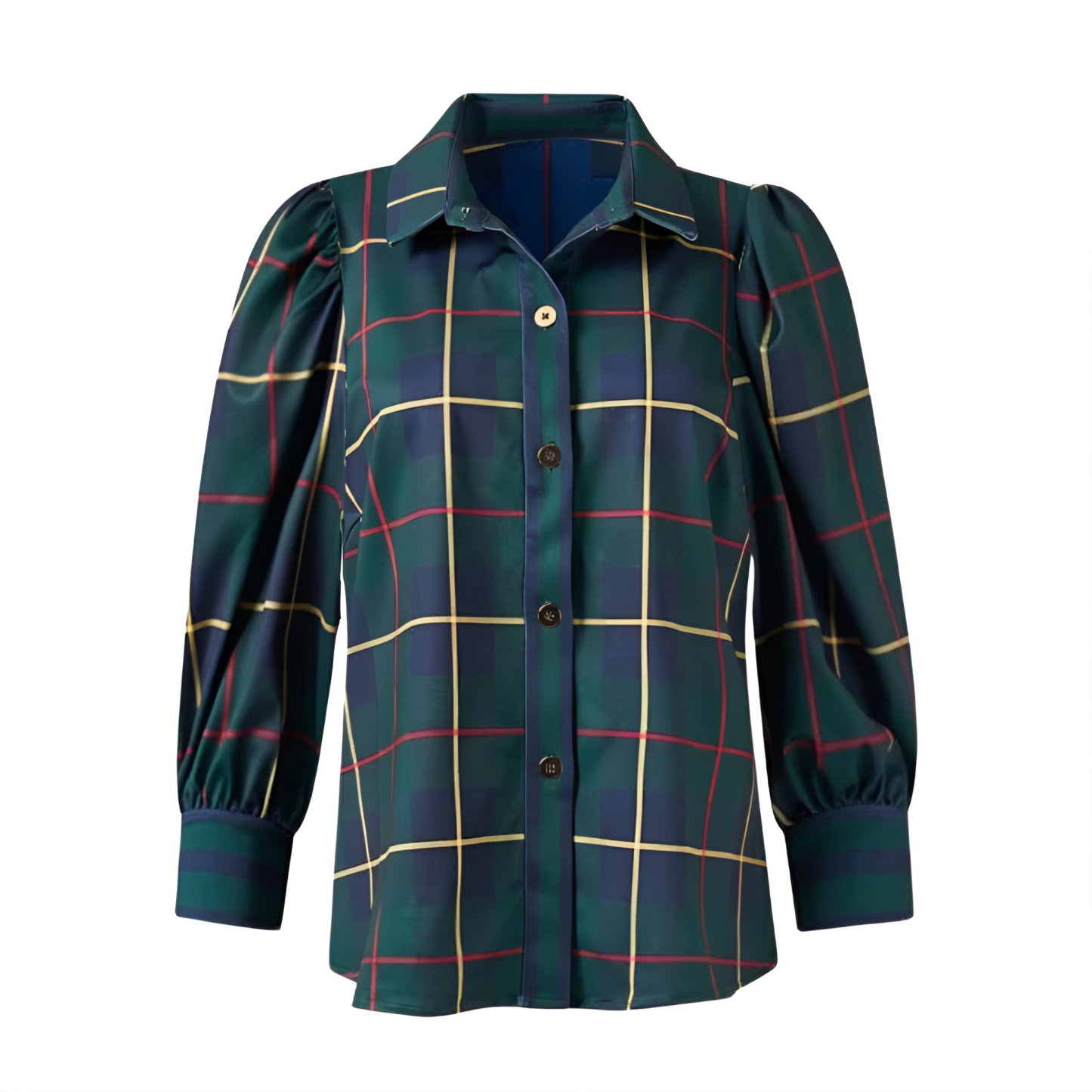 Puff Sleeve Button Front Checked Casual Top