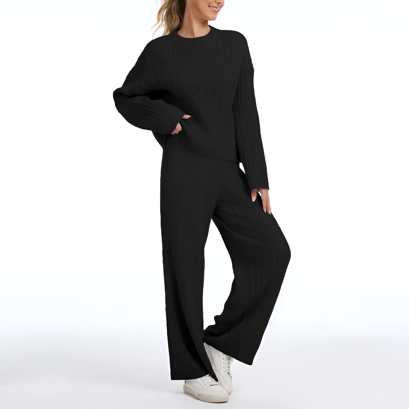 2 Piece Long Sleeve Knit Top With Pants Set For Women