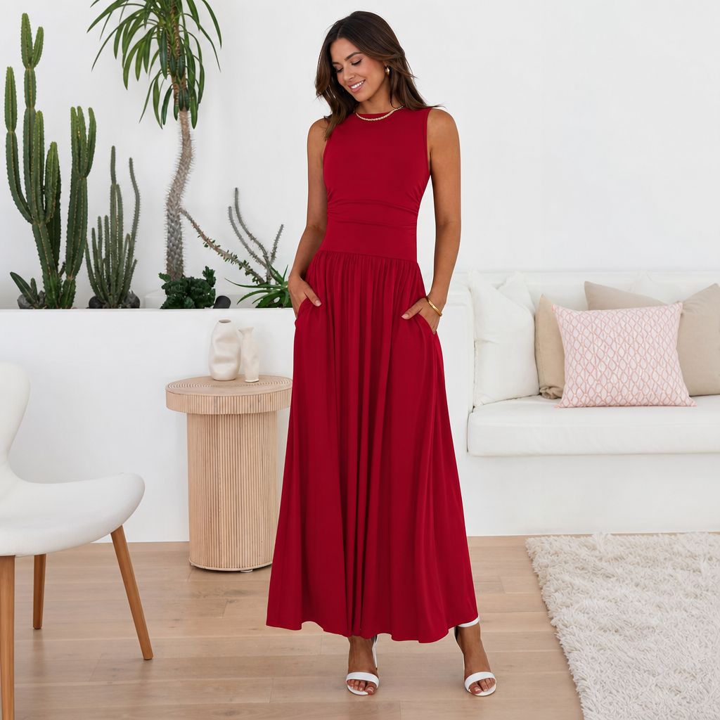 Casual Sleeveless Ruched High Rise Long Dress For Women