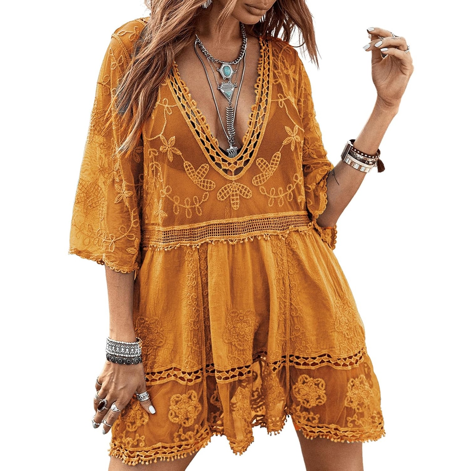 Loose Lace Contrast Cover Up Swimwear Suit For Women