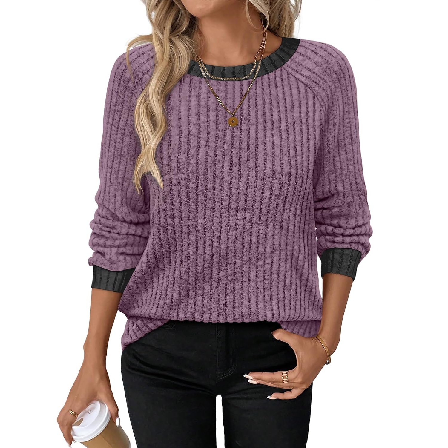Casual Ribbed Long Sleeve Cuff Detail Top for Women