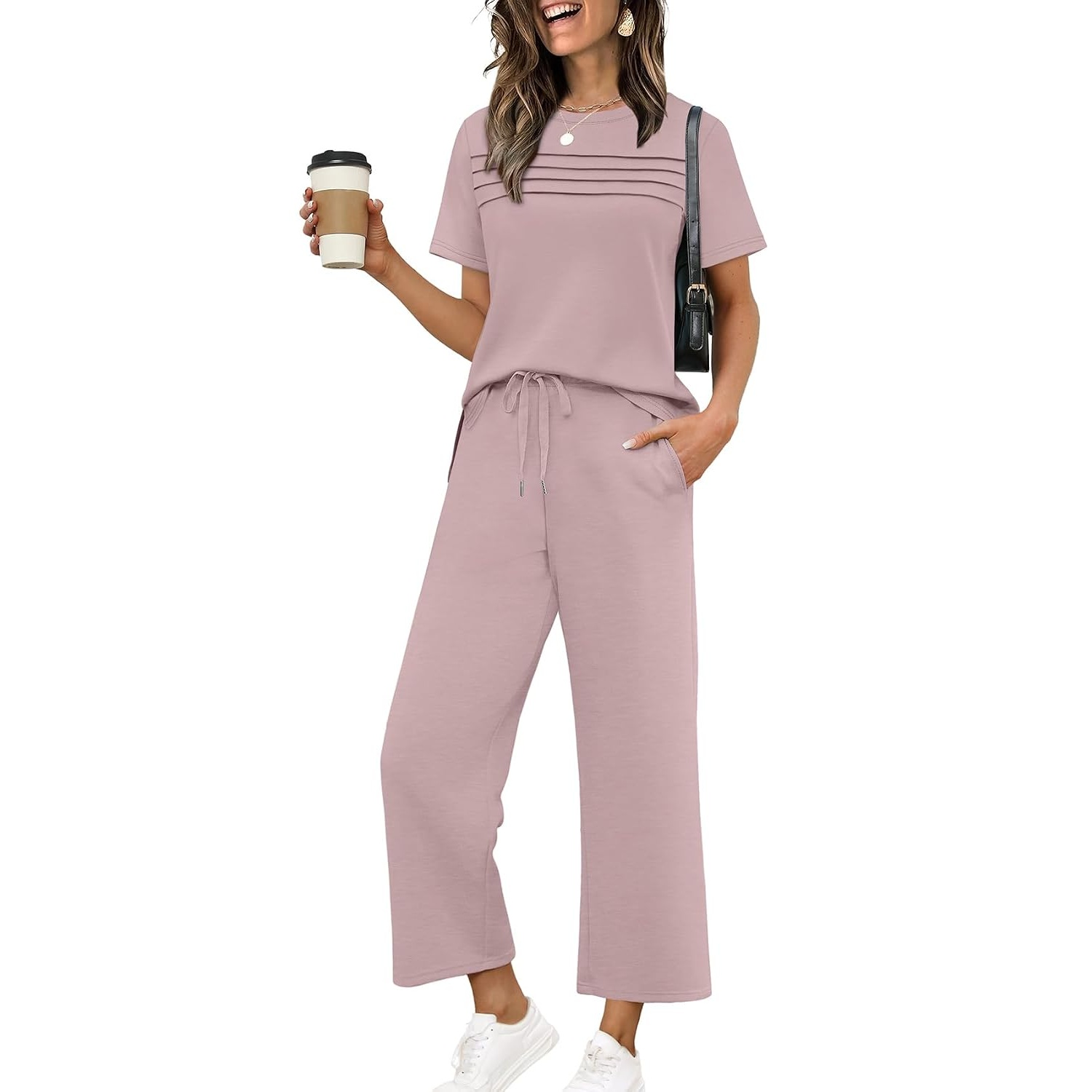 Two Piece Travel Outfit With Wide Length Pants For Women
