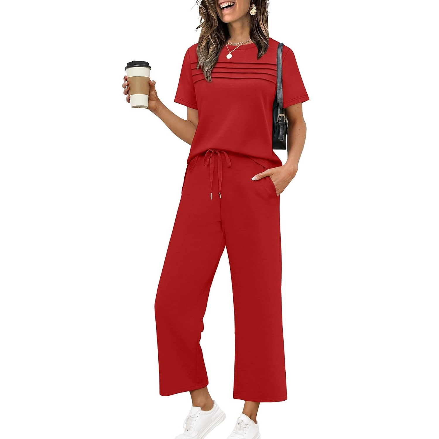 Two Piece Travel Outfit With Wide Length Pants For Women