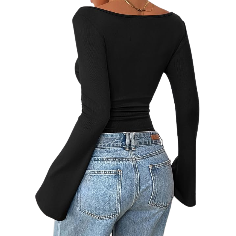 Ribbed Crop Top With Long Bell Sleeve For Women