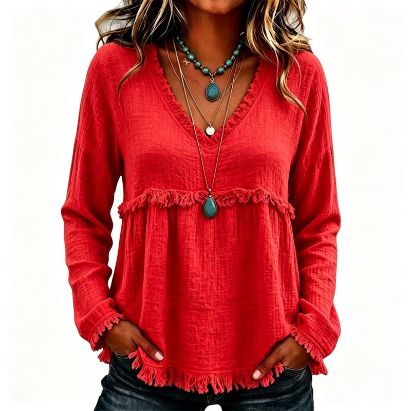 Boho Textured Fringe Babydoll Tunic Top with Loose Fit for Women