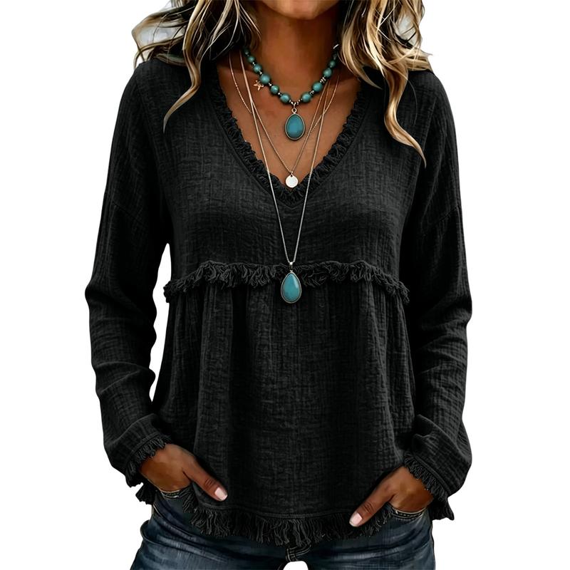Boho Textured Fringe Babydoll Tunic Top with Loose Fit for Women