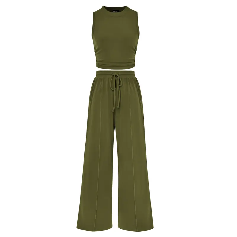 2 Piece Ribbed Design Matching Set With Cropped Top And Pants