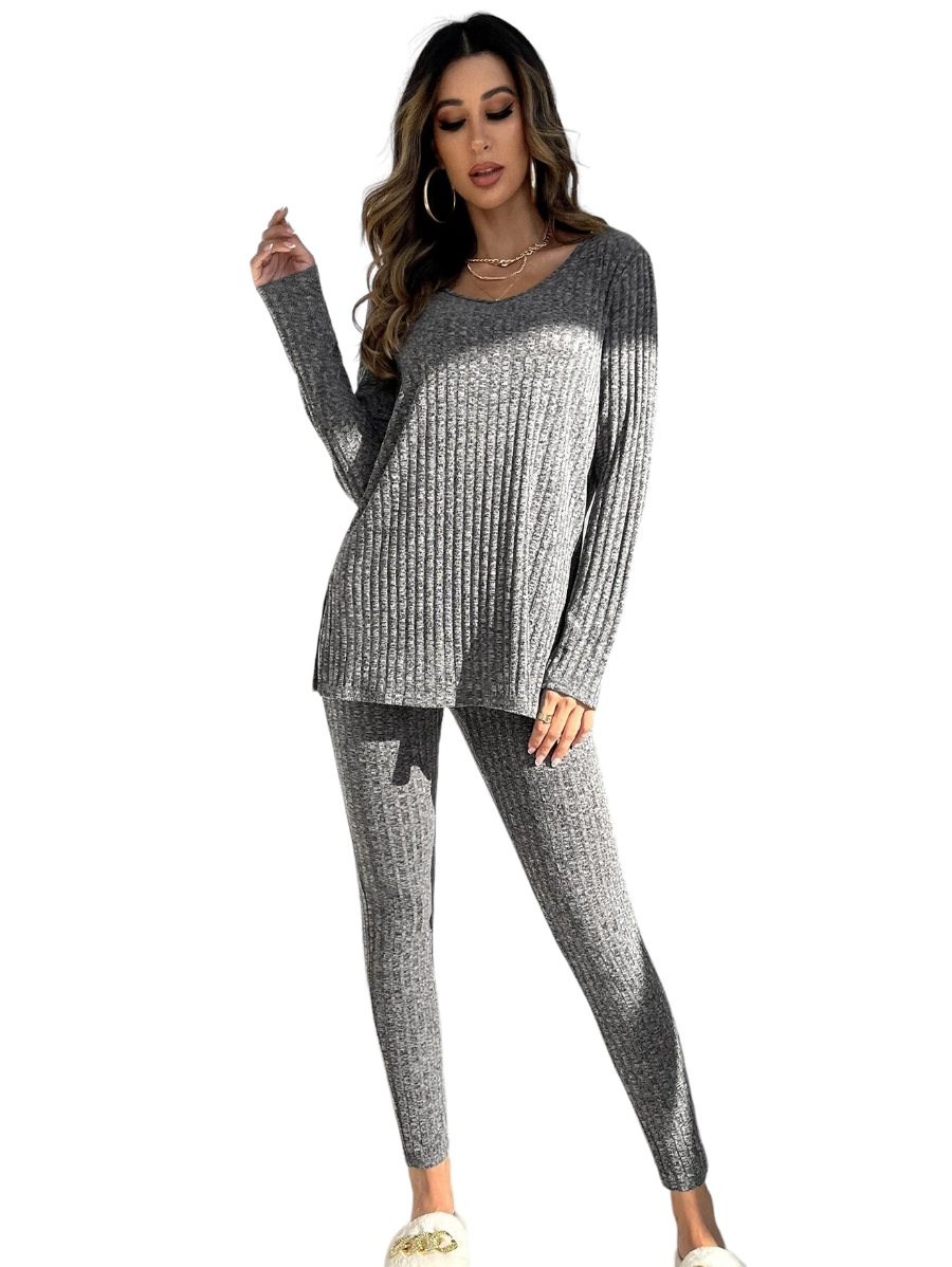 Knit Split Hem Top And Leggings Lounge Set-Cozy Knit Sets